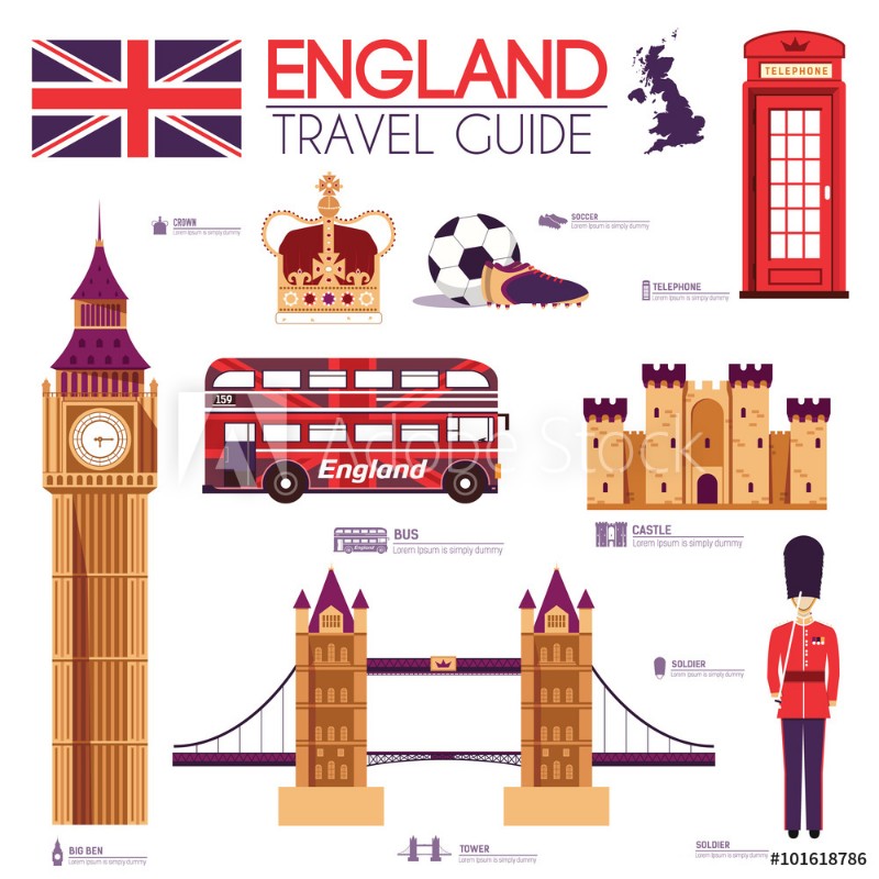 Bild på Country England travel vacation guide of goods places and features Set of architecture people sport items icons background concept Infographics template design for web and mobile On flat style